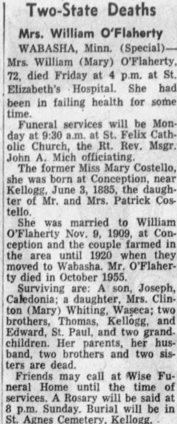 Obituary for Mary O'Flaherty (Aged 72)